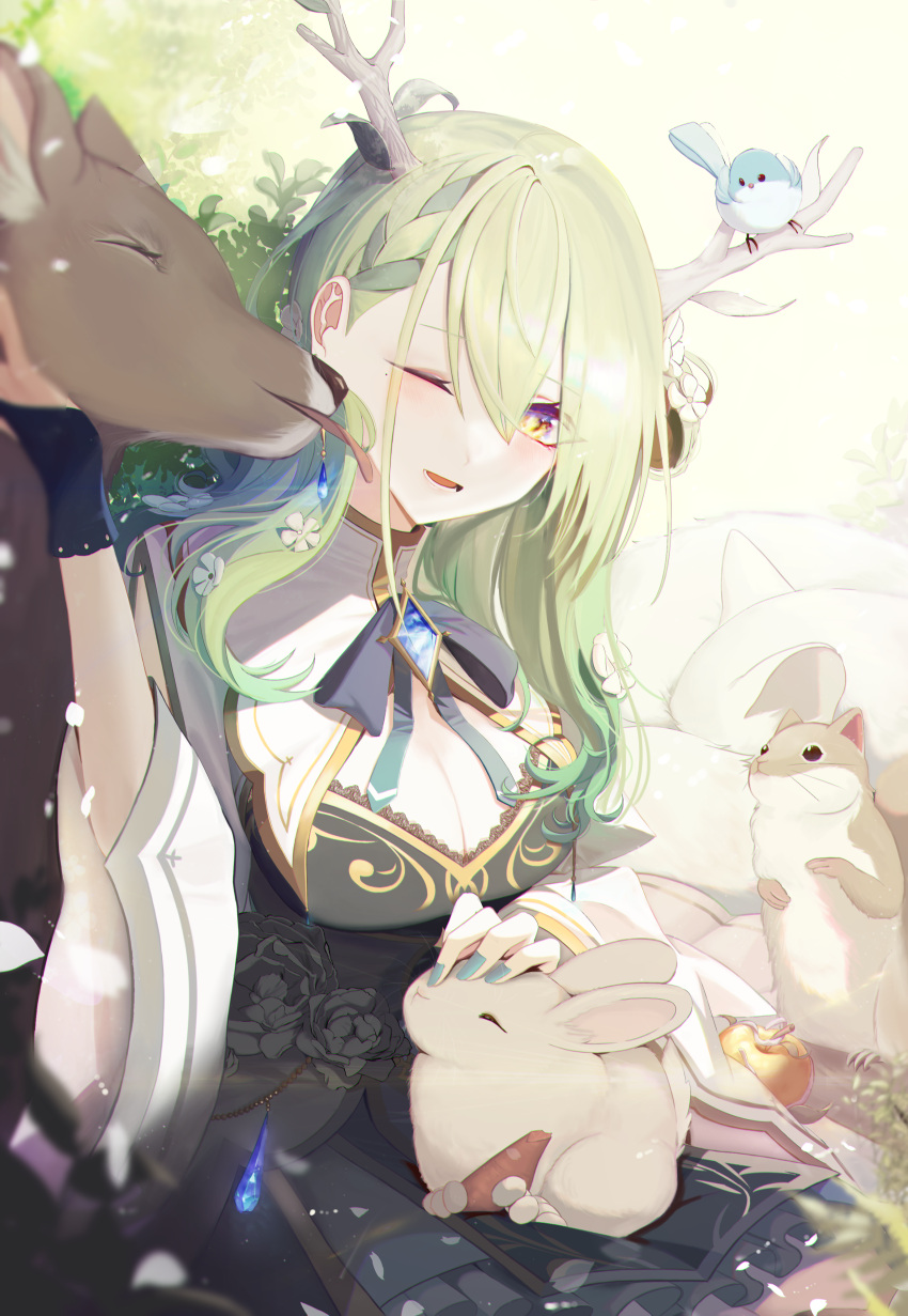 1girl absurdres antlers apple bird braid branch brooch ceres_fauna deer dress flower food fruit ggi_bang gloves golden_apple green_hair hair_flower hair_ornament highres hololive hololive_english jewelry licking one_eye_closed petting rabbit ribbon smile squirrel tree virtual_youtuber wide_sleeves yellow_eyes