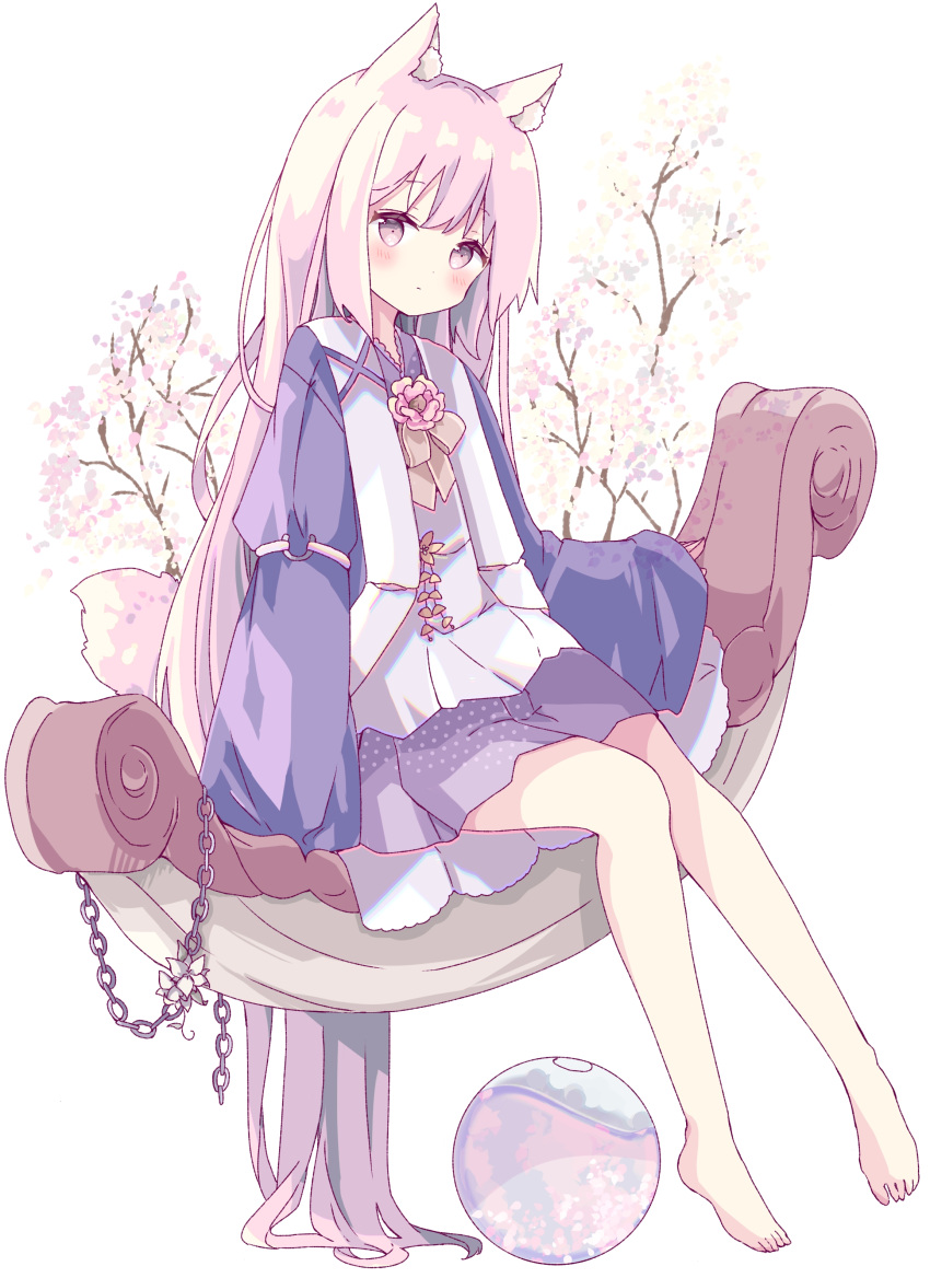 1girl absurdres animal_ear_fluff animal_ears barefoot blue_jacket blush branch chain closed_mouth commentary flower highres jacket long_hair long_sleeves open_clothes open_jacket orb original pink_eyes pink_hair puffy_long_sleeves puffy_sleeves purple_skirt shirt simple_background sitting skirt sleeves_past_wrists solo symbol-only_commentary tsukiyo_(skymint) very_long_hair white_background white_flower white_shirt