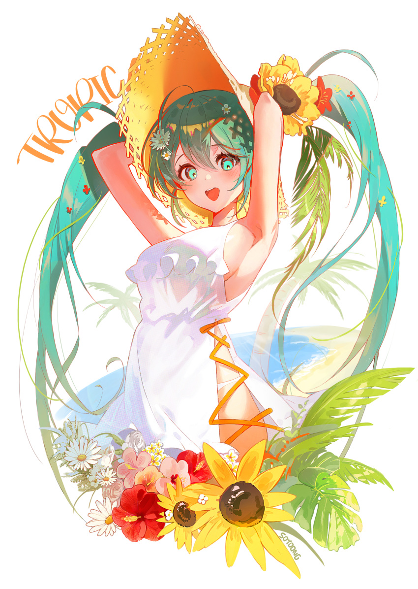 1girl :d absurdres aqua_eyes aqua_hair armpits arms_up bangs beach breasts commentary daisy dress flower hair_flower hair_ornament hat hatsune_miku hibiscus highres large_breasts leaf_hair_ornament long_hair looking_at_viewer open_mouth palm_tree panties philodendron red_flower sand sideboob sideless_outfit sidelocks sleeveless sleeveless_dress smile solo soyoong_jun straw_hat sundress sunflower symbol-only_commentary tree twintails underwear very_long_hair vocaloid white_flower white_panties yellow_flower yellow_headwear