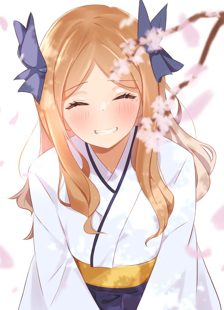 1girl absurdres asakaze_(kancolle) blue_bow blue_hakama blush bow branch bud closed_eyes commentary_request eyebrows_visible_through_hair grin hachino_mugi hair_bow hakama highres japanese_clothes kantai_collection light_brown_hair long_hair meiji_schoolgirl_uniform petals sidelocks simple_background smile solo tears upper_body white_background