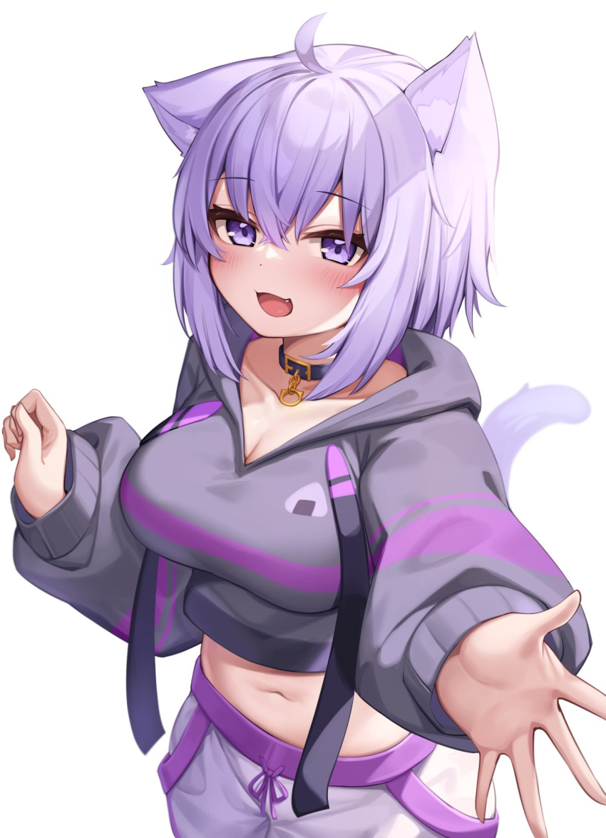 1girl :d ahoge animal_ears bangs black_choker black_hoodie blush breasts cat_ears cat_girl cat_tail choker commentary_request cropped_hoodie deaver eyebrows_visible_through_hair fang hair_between_eyes highres hololive hood hoodie large_breasts long_sleeves looking_at_viewer medium_hair midriff navel nekomata_okayu outstretched_arms pants puffy_long_sleeves puffy_sleeves purple_hair simple_background smile solo tail tail_raised violet_eyes virtual_youtuber white_background white_pants
