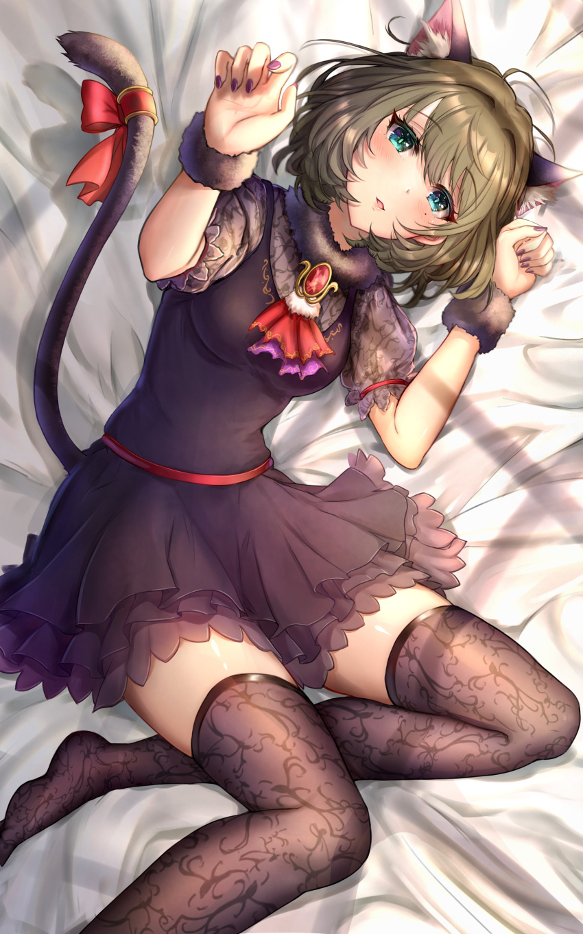 1girl absurdres animal_ear_fluff animal_ears arm_up ascot bangs black_dress black_legwear blue_eyes breasts cat_ears cat_girl cat_tail cravat dress eyebrows_visible_through_hair from_above fur_collar green_hair heterochromia highres idolmaster idolmaster_cinderella_girls jeweled_cravat jewelry looking_at_viewer lying mole mole_under_eye no_shoes nyome991 on_back paw_pose purple_nails ribbon short_hair solo tail tail_ornament tail_ribbon takagaki_kaede thigh-highs