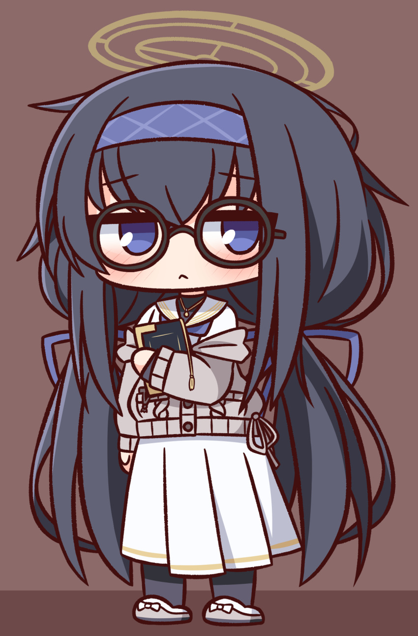 1girl :&lt; bangs black-framed_eyewear black_hair black_legwear blue_archive blue_eyes blue_hairband blue_ribbon blush book brown_background chibi closed_mouth commentary_request eyebrows_visible_through_hair glasses grey_footwear grey_jacket hair_between_eyes hair_ribbon hairband halo hana_kazari highres jacket long_hair long_sleeves looking_at_viewer low_twintails object_hug off_shoulder pantyhose pleated_skirt revision ribbon round_eyewear sailor_collar shirt shoes skirt solo twintails two-tone_background ui_(blue_archive) very_long_hair white_sailor_collar white_shirt white_skirt