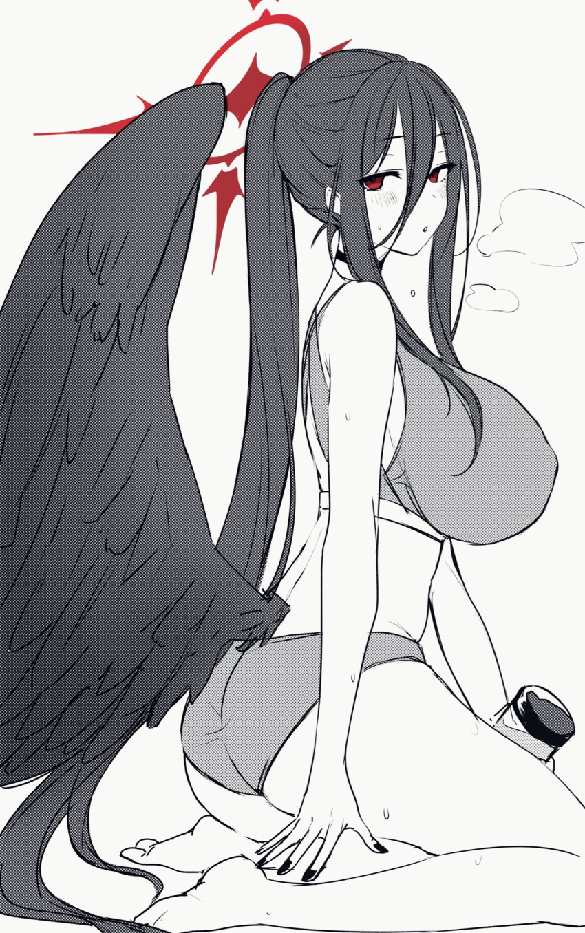 1girl ass bangs barefoot blue_archive blush breasts choker emirio_(emirio110) eyebrows_visible_through_hair feathered_wings greyscale hair_between_eyes halo hasumi_(blue_archive) highres huge_breasts kneeling long_hair looking_at_viewer low_wings monochrome nail_polish panties parted_lips ponytail red_eyes simple_background solo sports_bra sportswear spot_color sweat underwear very_long_hair wings