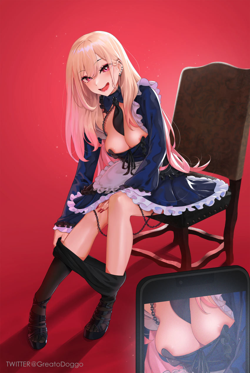 1girl absurdres apron black_dress black_legwear blonde_hair breasts cellphone chair dress earrings gradient_hair greatodoggo highres jewelry kitagawa_marin long_hair maid maid_apron medium_breasts multicolored_hair open_mouth phone piercing red_eyes redhead shoes smile sono_bisque_doll_wa_koi_wo_suru taking_picture