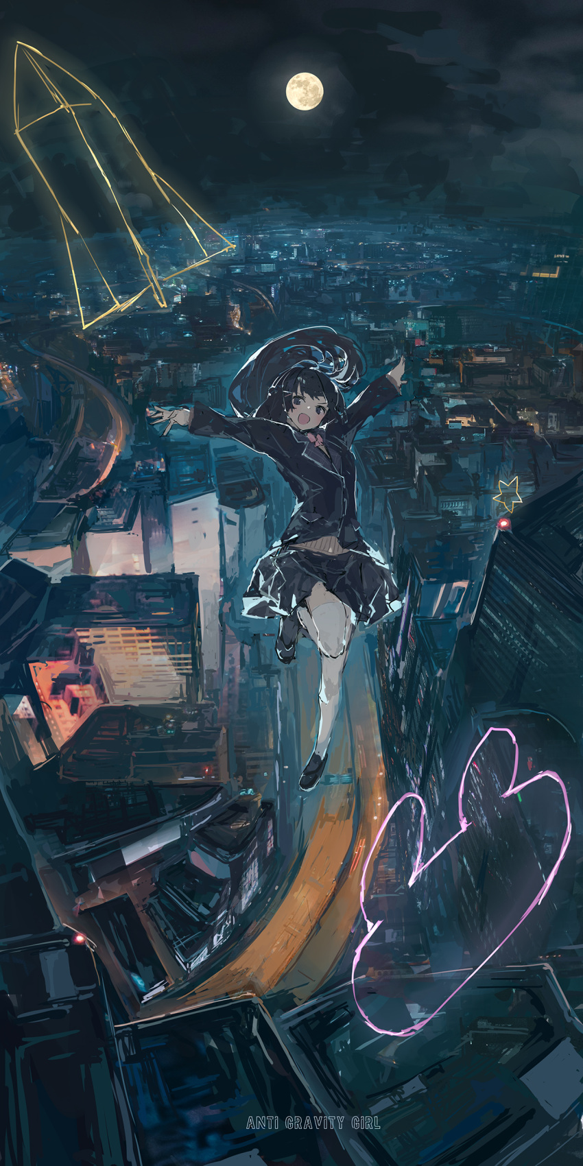 1girl :d absurdres bangs black_footwear black_hair black_jacket black_skirt blunt_bangs bow bowtie building bunny_symbol city_lights cityscape clouds commentary full_moon hair_ornament hairclip highres jacket loafers long_hair long_sleeves looking_at_viewer moon night night_sky nijisanji ph. pink_bow pink_bowtie road rocket school_uniform shoes skirt sky smile solo star_(symbol) street thigh-highs tsukino_mito v_arms very_long_hair virtual_youtuber white_legwear wing_collar