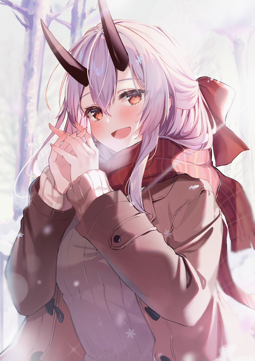 1girl absurdres bangs beige_sweater black_horns bow breasts brown_coat coat fate/grand_order fate_(series) felnemo hair_between_eyes hair_bow highres horns large_breasts long_hair long_sleeves looking_at_viewer oni_horns open_clothes open_coat open_mouth red_bow red_eyes red_scarf ribbed_sweater scarf sidelocks silver_hair smile snowflakes solo sweater tomoe_gozen_(fate)