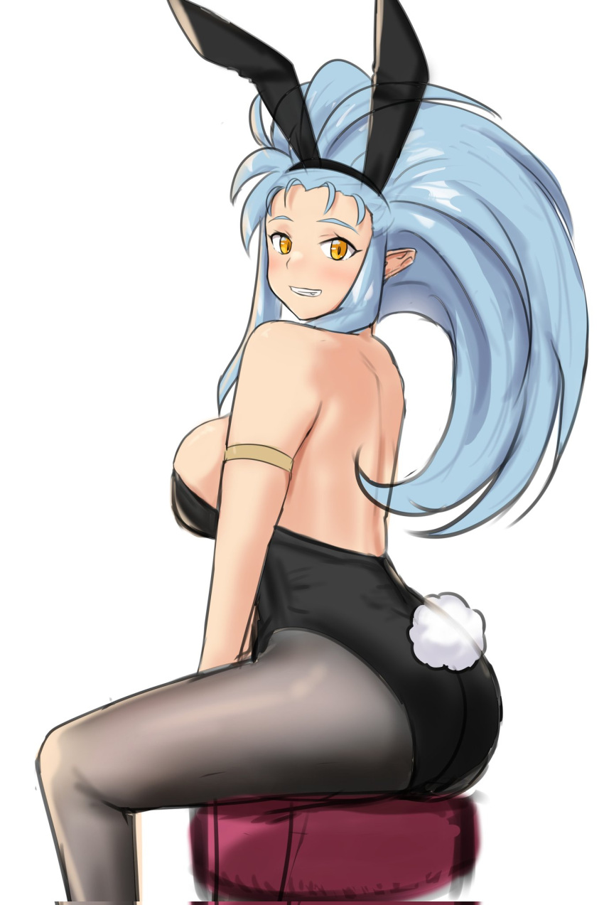 1girl alternate_costume animal_ears ass black_leotard blue_hair blush highres leotard long_hair looking_at_viewer pantyhose playboy_bunny pointy_ears rabbit_ears rabbit_tail ryouko_(tenchi_muyou!) sitting smile solo spiky_hair strapless strapless_leotard tail tenchi_muyou! yellow_eyes ykh1028