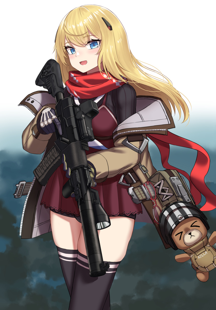 1girl absurdres as_val as_val_(girls'_frontline) assault_rifle black_legwear blonde_hair blue_eyes coat cowboy_shot dress eyebrows_visible_through_hair eyewear_hang eyewear_removed girls_frontline glasses gloves gun hair_ornament highres holding holding_gun holding_weapon kalashnikov_rifle long_hair long_sleeves looking_at_viewer mod3_(girls'_frontline) open_clothes open_coat open_mouth red_dress red_scarf rifle scarf solo thigh-highs weapon yakob_labo