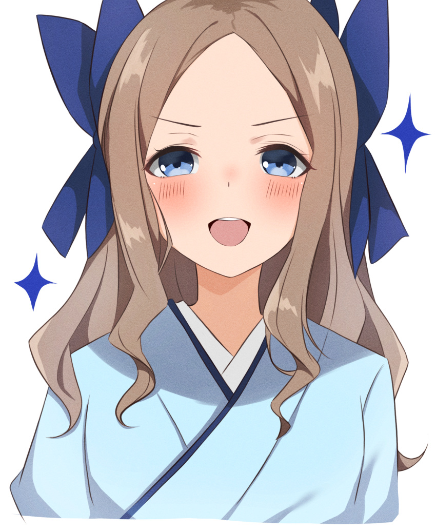 1girl asakaze_(kancolle) blue_bow blue_eyes blush bow hachino_mugi hair_bow highres japanese_clothes kantai_collection light_brown_hair long_hair meiji_schoolgirl_uniform parted_lips portrait sidelocks simple_background solo sparkle teeth upper_teeth white_background
