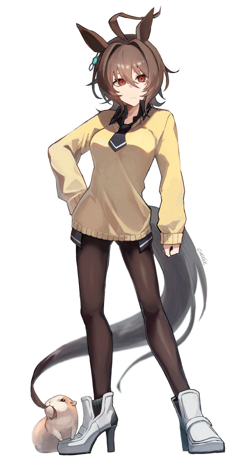 1girl absurdres agnes_tachyon_(umamusume) ahoge animal_ears arm_at_side artist_name bangs biting_hair black_necktie black_shirt boots breasts brown_hair brown_legwear clenched_hand closed_mouth collared_shirt earrings full_body guinea_pig hair_intakes hand_on_hip high_heel_boots high_heels highres horse_ears horse_girl horse_tail jewelry long_sleeves looking_at_viewer mazac medium_breasts medium_hair necktie red_eyes shirt short_necktie simple_background single_earring solo standing sweater tail thigh-highs umamusume white_background white_footwear yellow_sweater