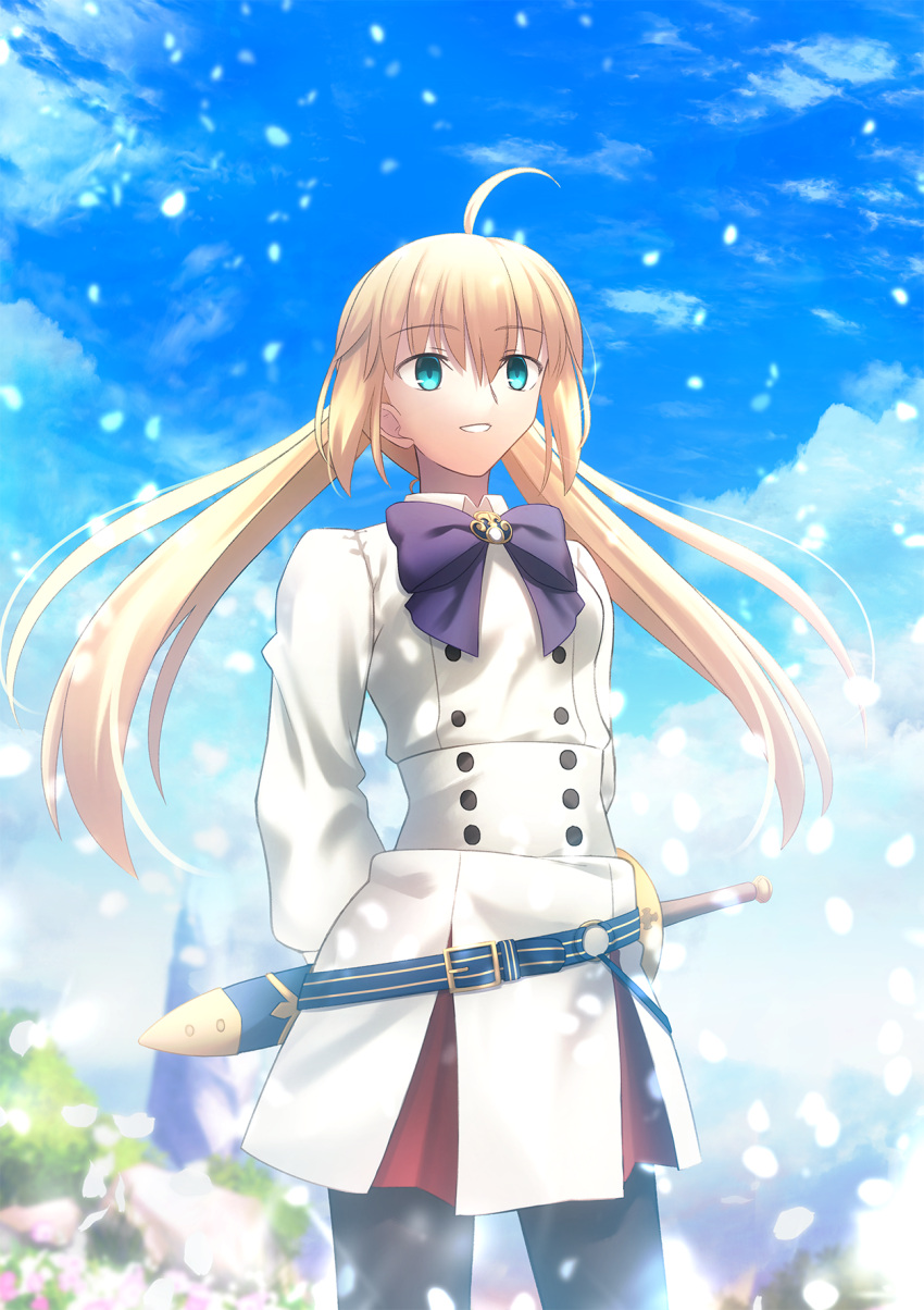 1girl ahoge arms_behind_back artoria_pendragon_(caster)_(fate) artoria_pendragon_(fate) bangs belt belt_buckle black_legwear blonde_hair blue_belt blue_bow blue_sky bow bowtie buckle buttons clouds commentary day dress eyebrows_visible_through_hair fate/grand_order fate_(series) green_eyes grin hair_between_eyes highres long_hair long_sleeves looking_away migiha outdoors pantyhose petals sheath sheathed short_sword sky smile solo sword takeuchi_takashi_(style) twintails weapon white_dress