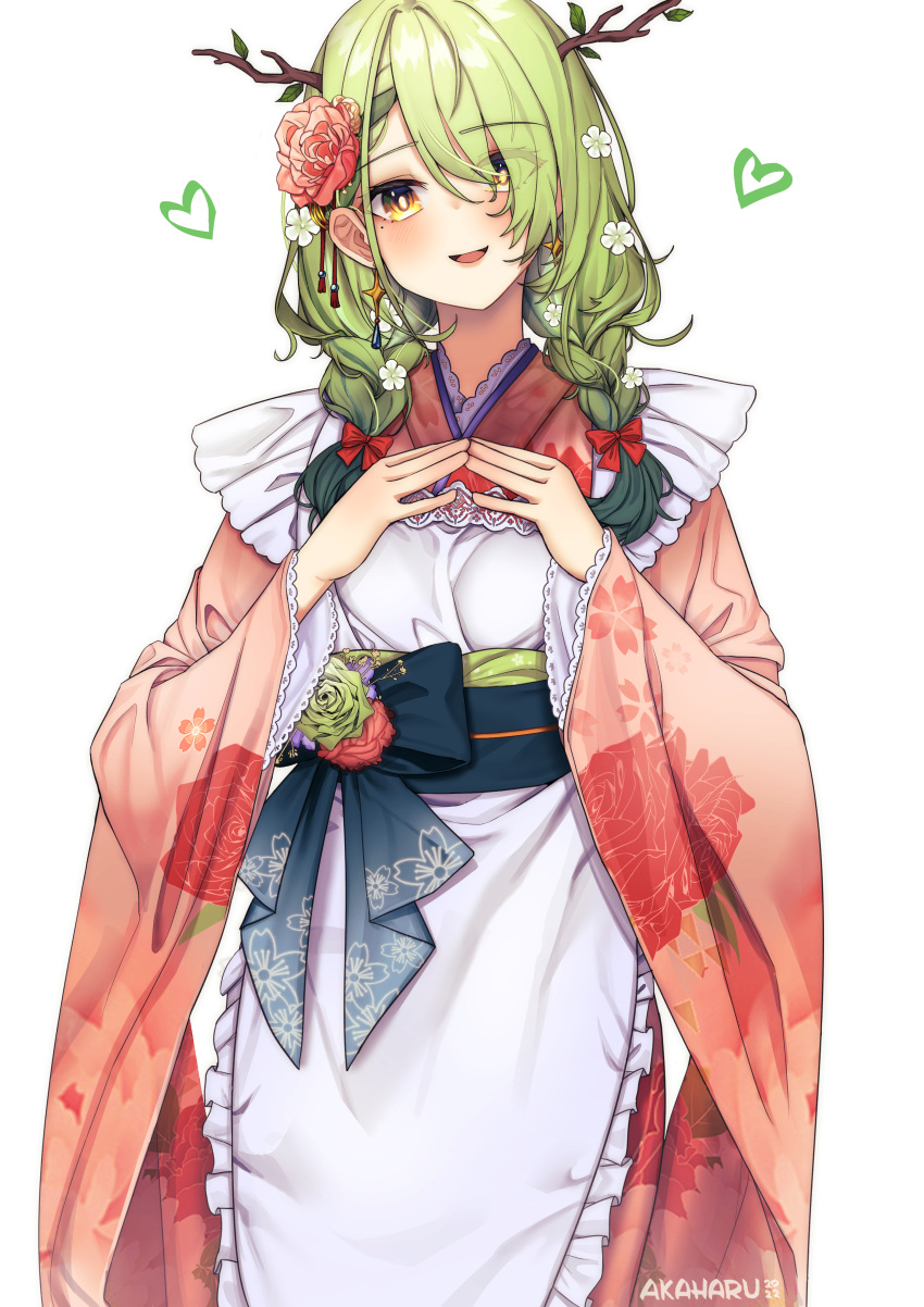 1girl absurdres akaharuu antlers apron braid branch ceres_fauna floral_print flower green_hair hair_flower hair_ornament heart highres hololive hololive_english japanese_clothes kimono looking_at_viewer low_twintails maid_apron obi pink_kimono print_kimono ribbon sash smile twintails virtual_youtuber yellow_eyes