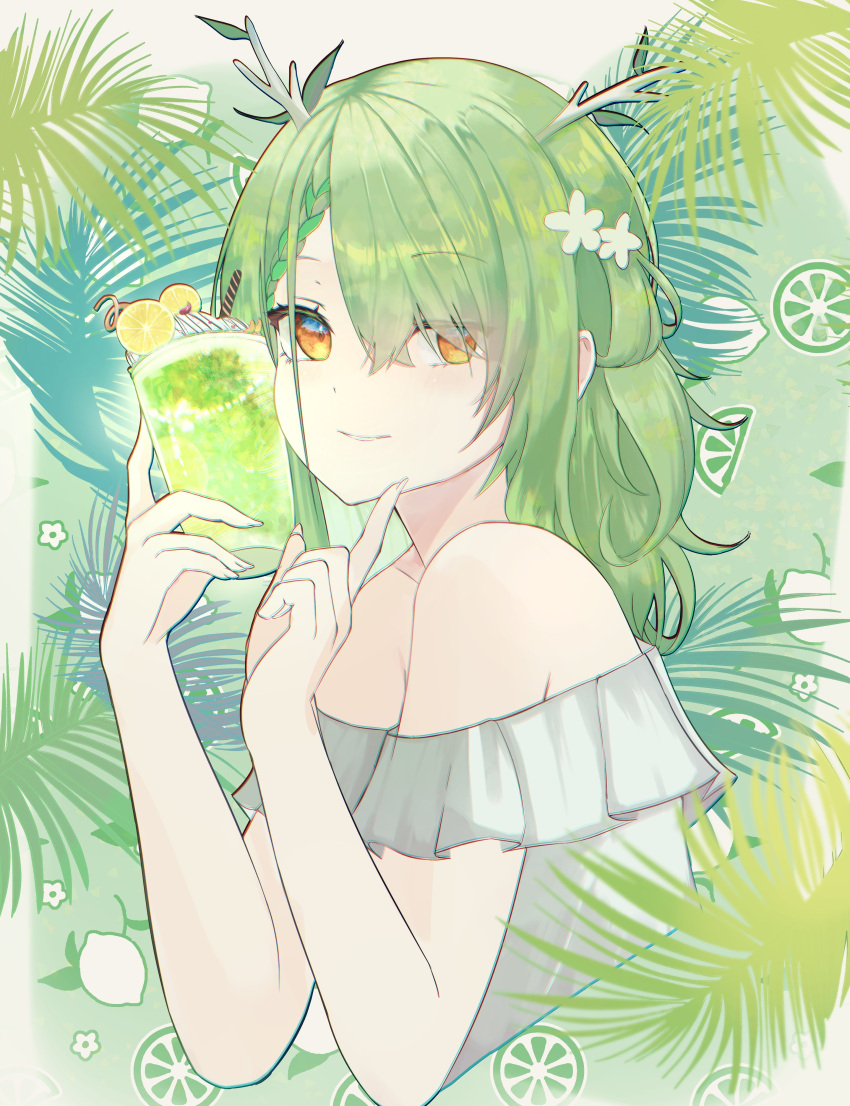 1girl absurdres antlers braid branch ceres_fauna cup dress drink drinking_straw finger_to_own_chin flower food frills fruit green_hair hair_flower hair_ornament hair_over_one_eye highres hololive hololive_english lemon lemon_slice lime_(fruit) lime_slice looking_at_viewer palm_leaf smile smolshark virtual_youtuber white_dress yellow_eyes