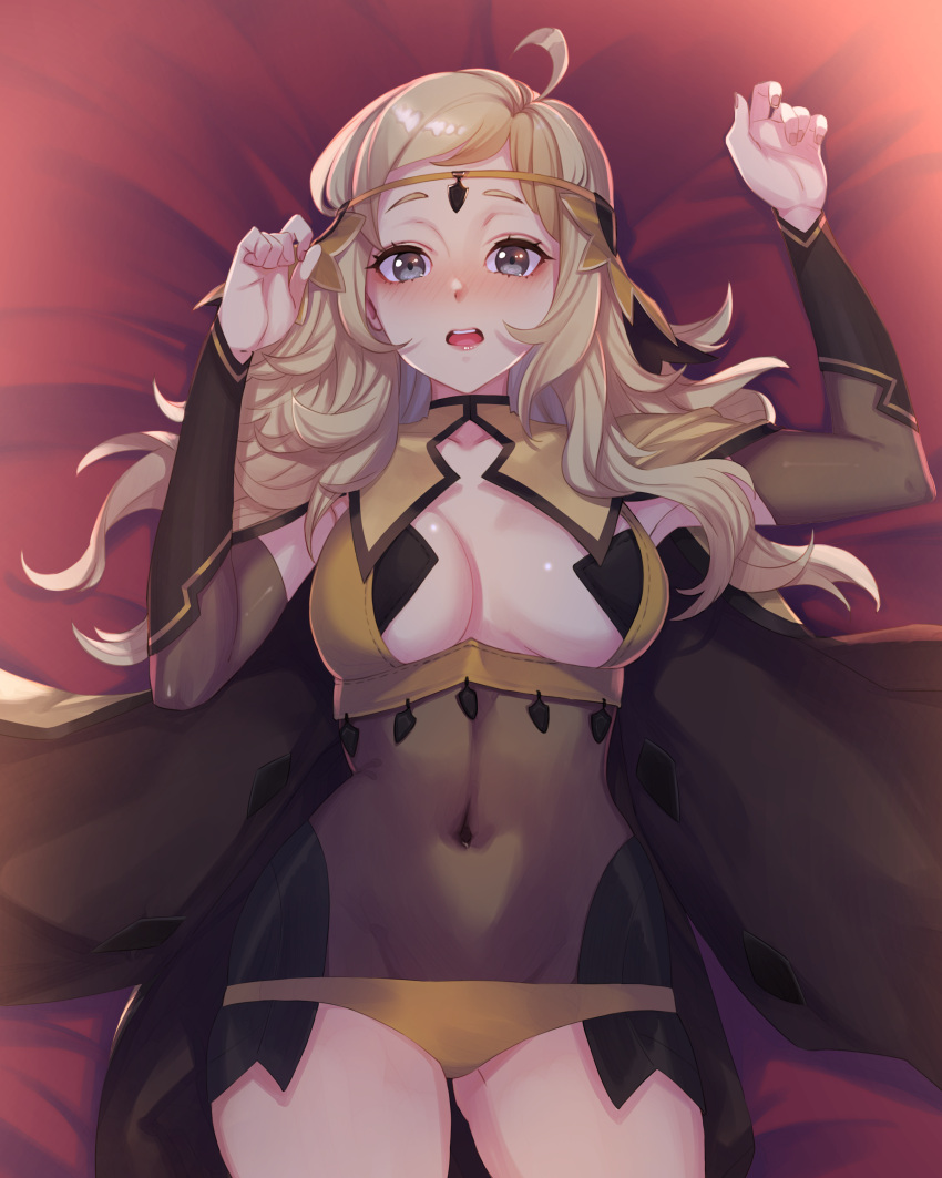 absurdres ahoge ass_visible_through_thighs asymmetrical_bangs bangs bed blonde_hair blush bodystocking breasts bridal_gauntlets cape commission commissioner_upload covered_navel disembodied_limb fire_emblem fire_emblem_fates fire_emblem_heroes gloves grey_eyes highres lying male_hand medium_breasts midriff non-web_source on_back open_mouth ophelia_(fire_emblem) panties pov ritence solo turtleneck underwear yellow_panties
