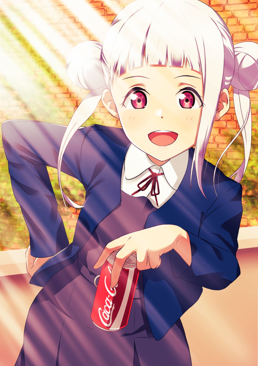 1girl arashi_chisato bangs birthday brick_wall can coca-cola commentary double_bun drink hand_on_hip highres holding holding_can holding_drink long_hair looking_at_viewer love_live! love_live!_superstar!! product_placement red_eyes school_uniform single_sidelock smile soda_can solo sunlight supra_is_black_(altea) white_hair yuigaoka_school_uniform
