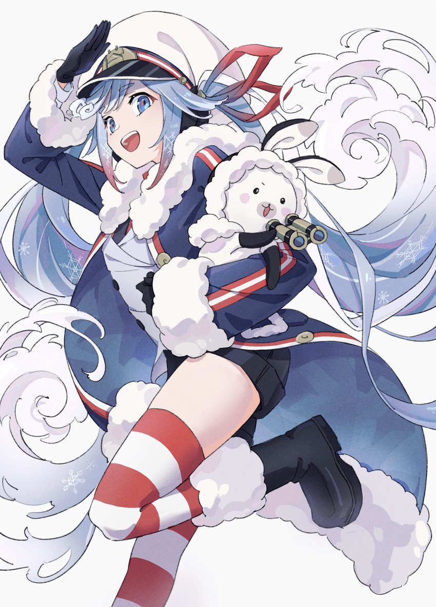 1girl 1other animal binoculars black_footwear black_gloves black_necktie black_shorts blue_coat blue_eyes boots buttons coat colored_tips commentary double-breasted from_side fur-trimmed_boots fur-trimmed_coat fur-trimmed_hood fur_trim gloves hair_ribbon hand_up hat hatsune_miku highres holding holding_animal holding_binoculars hood hood_up jacket leg_up light_blue_hair looking_at_viewer looking_to_the_side mele_ck military military_uniform multicolored_hair naval_uniform necktie open_mouth peaked_cap rabbit red_legwear red_ribbon red_shirt redhead ribbon salute shirt shorts smile standing standing_on_one_leg striped striped_legwear thigh-highs twintails uniform vocaloid wavy_hair white_headwear white_jacket yuki_miku yuki_miku_(2022)