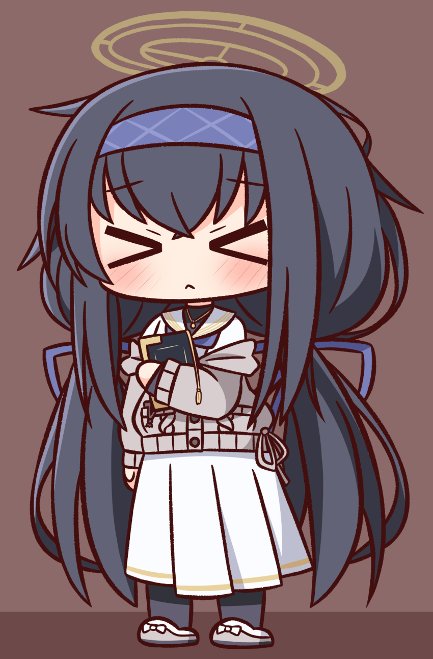&gt;_&lt; 1girl :&lt; bangs black_hair black_legwear blue_archive blue_hairband blue_ribbon blush book brown_background chibi closed_eyes closed_mouth eyebrows_visible_through_hair facing_viewer grey_footwear grey_jacket hair_between_eyes hair_ribbon hairband hana_kazari highres jacket long_hair long_sleeves low_twintails object_hug off_shoulder pantyhose pleated_skirt revision ribbon sailor_collar shirt shoes skirt solo twintails two-tone_background ui_(blue_archive) very_long_hair white_sailor_collar white_shirt white_skirt