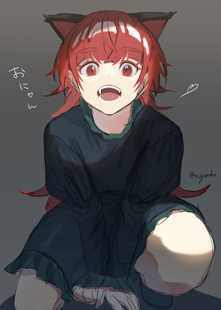 1girl absurdres animal_ears cat_ears dress extra_ears fangs green_dress grey_background hair_down heart highres juliet_sleeves kaenbyou_rin long_sleeves open_mouth pointy_ears puffy_sleeves red_eyes redhead screaming signature sitting sketch slit_pupils solo spoken_heart squatting teeth touhou yadoyuki