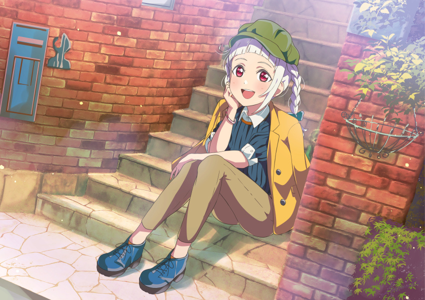 1girl absurdres al_aoi_aoba alternate_hairstyle arashi_chisato bangs birthday blush bracelet braid commentary hat highres jacket jacket_on_shoulders jewelry long_hair looking_at_viewer love_live! love_live!_superstar!! pants red_eyes single_sidelock sitting smile solo stairs twin_braids white_hair
