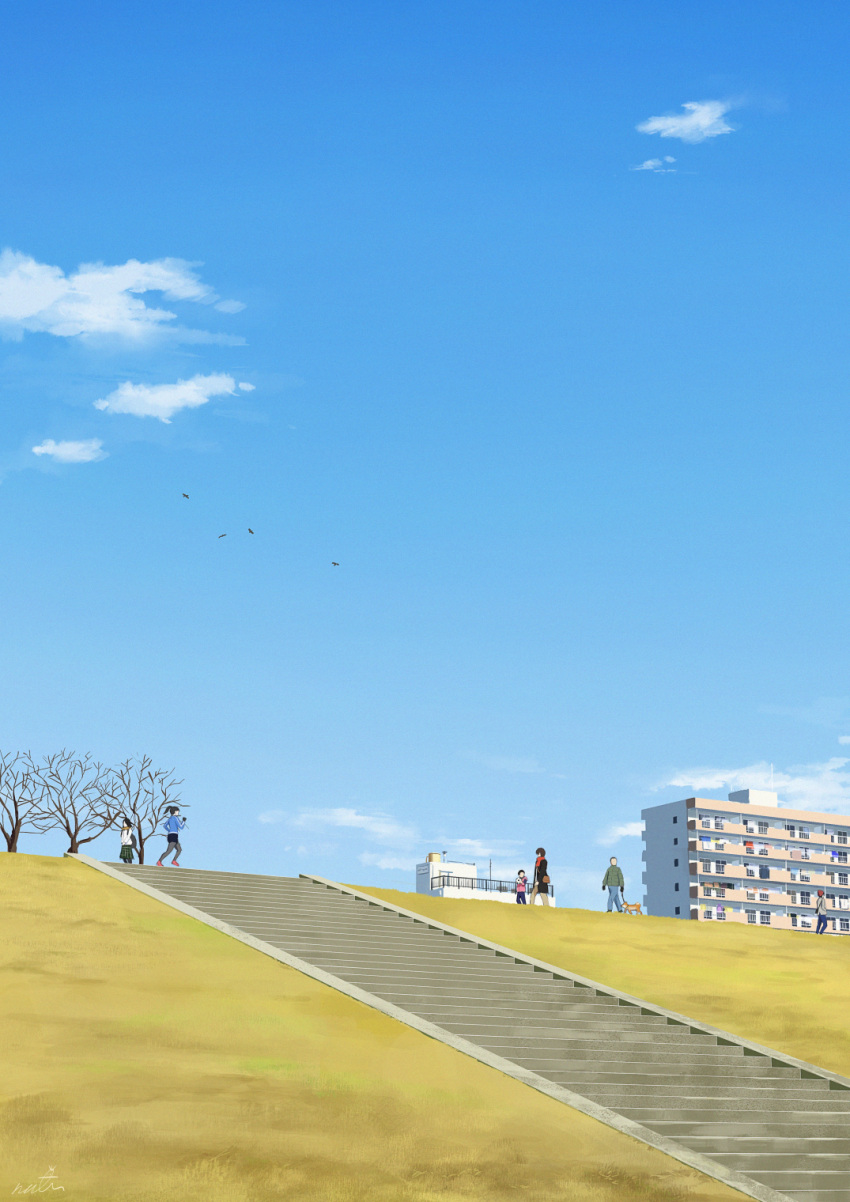 3boys 3girls blue_sky building commentary dog highres multiple_boys multiple_girls original papi_(papiron100) scenery sky stairs tree