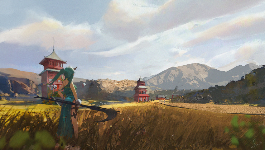 1girl absurdres architecture building clouds dress east_asian_architecture from_behind grass green_dress green_hair highres holding holding_weapon long_hair mountainous_horizon original outdoors scenery side_slit silo_(owo) standing thighlet tree twintails weapon