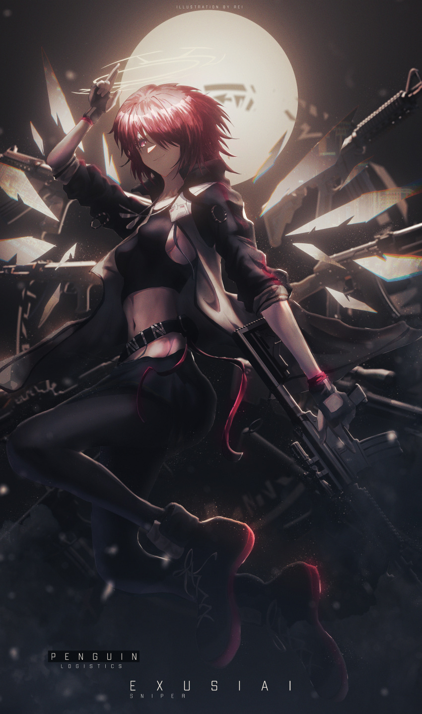 1girl :3 absurdres arknights black_gloves black_legwear breasts character_name closed_mouth commentary dark english_text exusiai_(arknights) fingerless_gloves full_body gloves glowing gun hair_over_one_eye highres holding holding_gun holding_weapon knees_up looking_at_viewer navel no_bra red_eyes red_footwear redhead rei_(lappy_mofumofu) shiny shiny_hair sideboob sparkle weapon wings