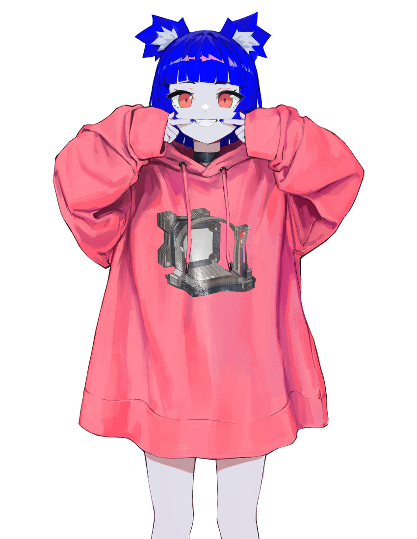 1girl absurdres animal_ears bangs black_choker blue_hair blue_nails choker drawstring english_commentary feet_out_of_frame fukouna_shoujo_03 grin gris_(vertigris) highres hood hoodie original oversized_clothes pink_eyes pink_hoodie short_hair simple_background smile solo vertigris white_background