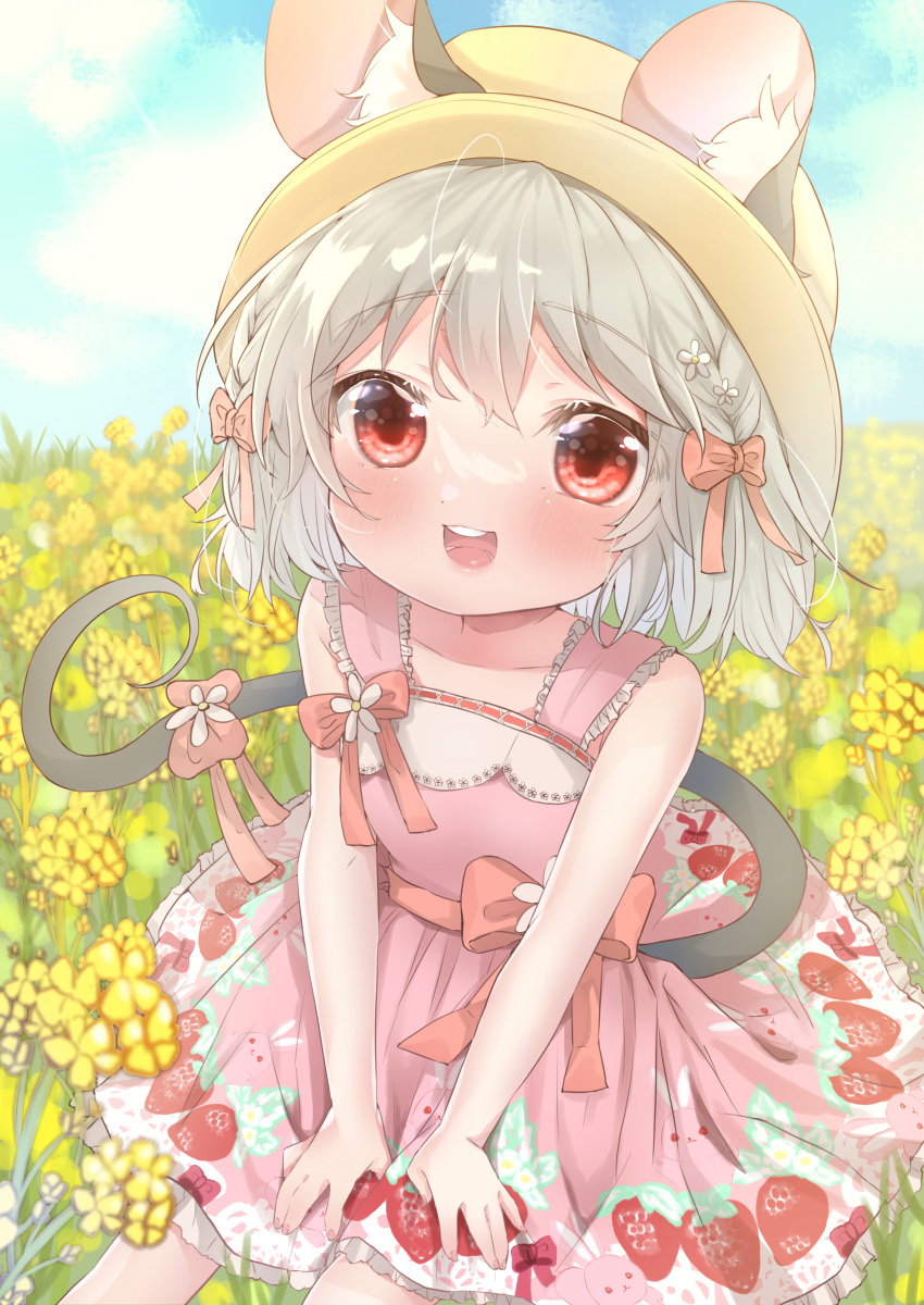 1girl :d \||/ absurdres animal_ear_fluff animal_ears ashino_chimado bangs bare_shoulders blush bow breasts clouds collarbone daisy day dress eyebrows_visible_through_hair feet_out_of_frame field fingernails flower flower_field flower_request food_print frills grey_hair hair_bow hair_flower hair_ornament happy highres looking_at_viewer mouse_ears mouse_tail nazrin open_mouth outdoors pink_bow pink_dress red_eyes round_teeth short_hair sleeveless sleeveless_dress small_breasts smile solo strawberry_print tail tail_bow tail_ornament teeth touhou upper_teeth v_arms white_flower yellow_flower