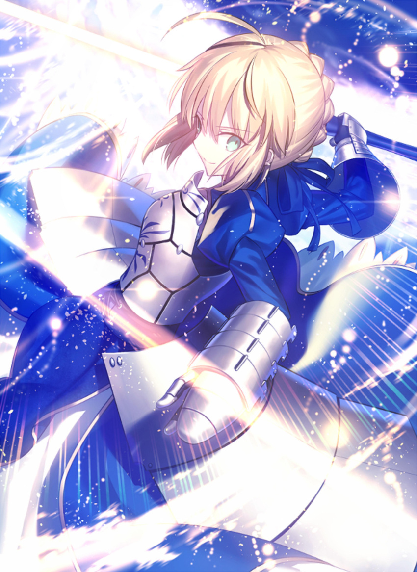 1girl ahoge armor armored_boots armored_dress artoria_pendragon_(all) bangs blonde_hair blue_dress blue_ribbon boots braid breastplate breasts closed_mouth commentary_request dress excalibur fate/stay_night fate_(series) full_body gauntlets green_eyes grey_footwear hair_ribbon highres holding holding_sword holding_weapon juliet_sleeves long_dress long_sleeves looking_at_viewer mashima_saki puffy_sleeves ribbon saber short_hair simple_background solo standing sword weapon