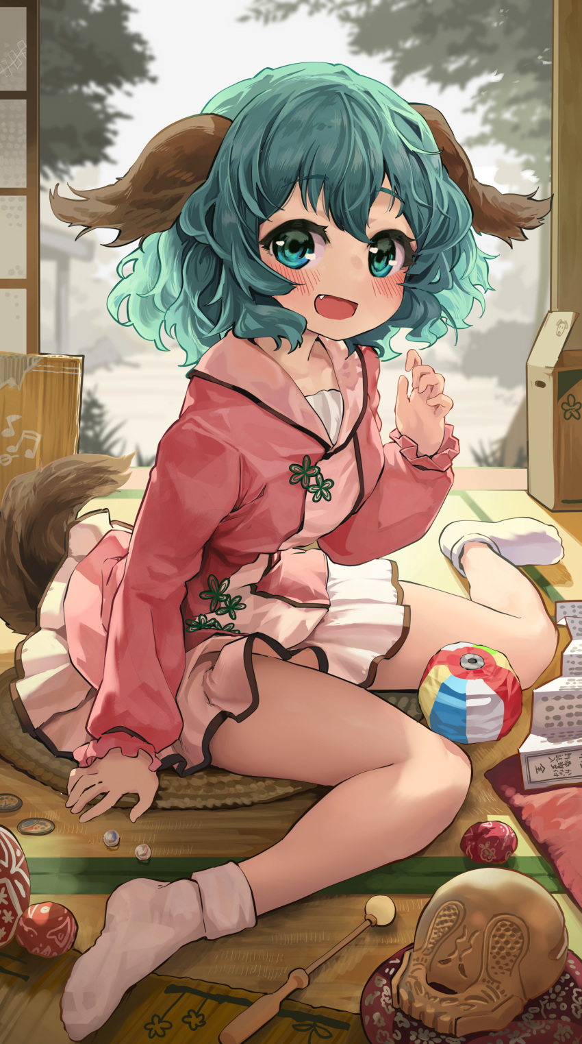 1girl :d absurdres animal_ears bad_hands bangs blurry blurry_background blush bobby_socks breasts collarbone day dress eyebrows_visible_through_hair fang frills green_eyes green_hair hand_up happy highres indoors kasodani_kyouko long_sleeves looking_at_viewer medium_breasts medium_hair melaton musical_note musical_note_print open_mouth pink_dress puffy_long_sleeves puffy_sleeves sitting sleeves_past_wrists smile socks solo tail tatami touhou wariza white_legwear