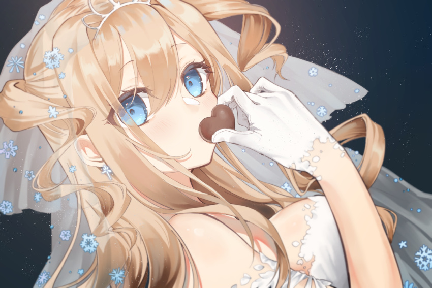 1girl bangs blonde_hair blue_eyes blush breasts chocolate covered_mouth dress eyebrows_visible_through_hair food girls_frontline gloves hair_between_eyes hair_ornament happy_valentine holding holding_chocolate holding_food long_hair looking_at_viewer medium_breasts official_alternate_costume rabb_horn sideboob snowflake_hair_ornament solo starry_background suomi_(blissful_mission)_(girls'_frontline) suomi_(girls'_frontline) upper_body valentine white_dress white_gloves