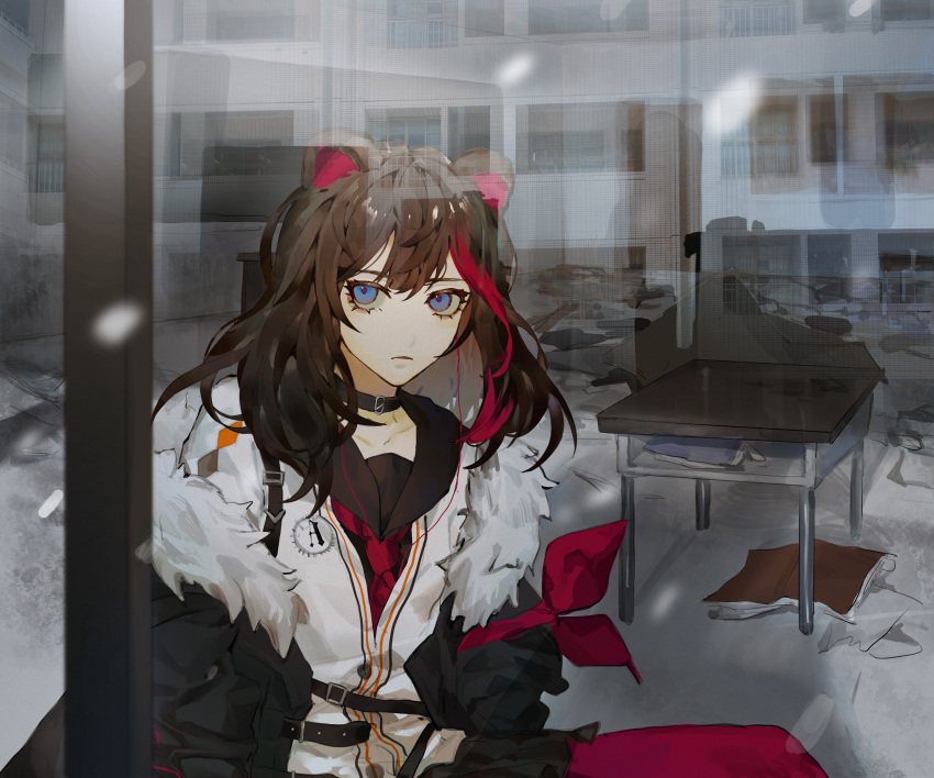 1girl absurdres animal_ears arknights armband bear_ears black_jacket black_skirt blue_eyes book brown_hair brown_sailor_collar classroom desk fur-trimmed_jacket fur_trim hair_between_eyes highres jacket looking_at_viewer multicolored_hair neckerchief open_book open_clothes open_jacket pantyhose red_legwear red_neckerchief redhead sailor_collar sitting skirt solo streaked_hair sweater through_window white_sweater window yuan_(user_fcvw5484) zima_(arknights)