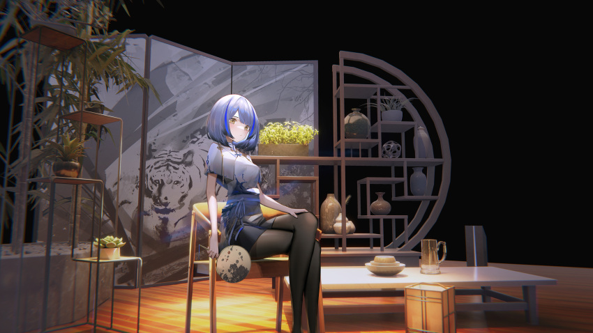 1girl absurdres alternate_costume azur_lane black_legwear black_skirt blue_hair blue_ribbon breasts capelet feet_out_of_frame folding_screen from_side gascogne_(azur_lane) hand_fan highres holding holding_fan ka11_ca looking_at_viewer medium_breasts miniskirt multicolored_hair pantyhose plant potted_plant ribbon sideways_glance sitting skirt solo streaked_hair table tiger yellow_eyes