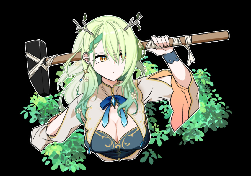 1girl antlers braid branch brooch bush ceres_fauna dress earrings flower getting_over_it green_hair hair_flower hair_ornament hair_over_one_eye hammer highres hololive hololive_english jewelry kkamanggwi leaf mole mole_under_eye ribbon sledgehammer solo virtual_youtuber yellow_eyes