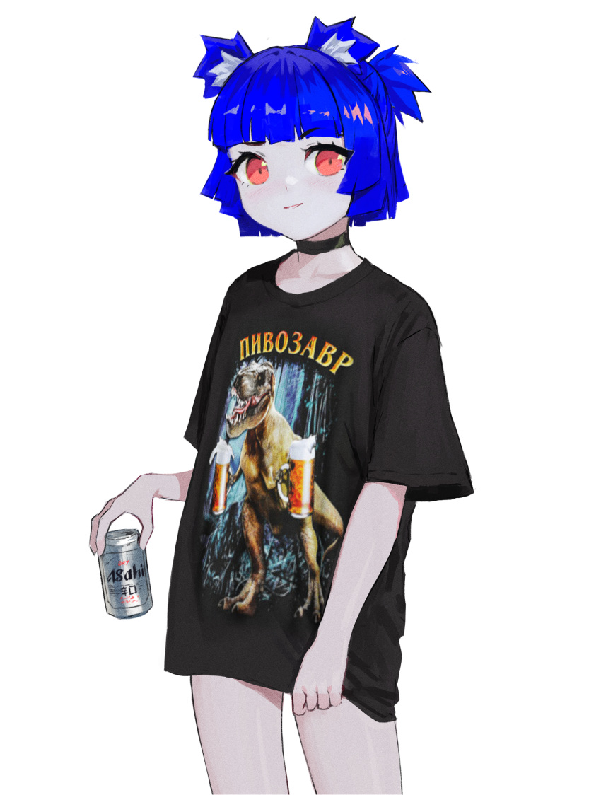 1girl alcohol animal_ears asahi_breweries bangs beer beer_mug black_choker black_shirt blue_hair can choker clothes_writing cowboy_shot cup english_commentary flat_chest gris_(vertigris) highres holding holding_can meme_attire mug original oversized_clothes oversized_shirt pink_eyes russian_text shirt short_hair simple_background solo t-shirt tyrannosaurus_rex vertigris white_background