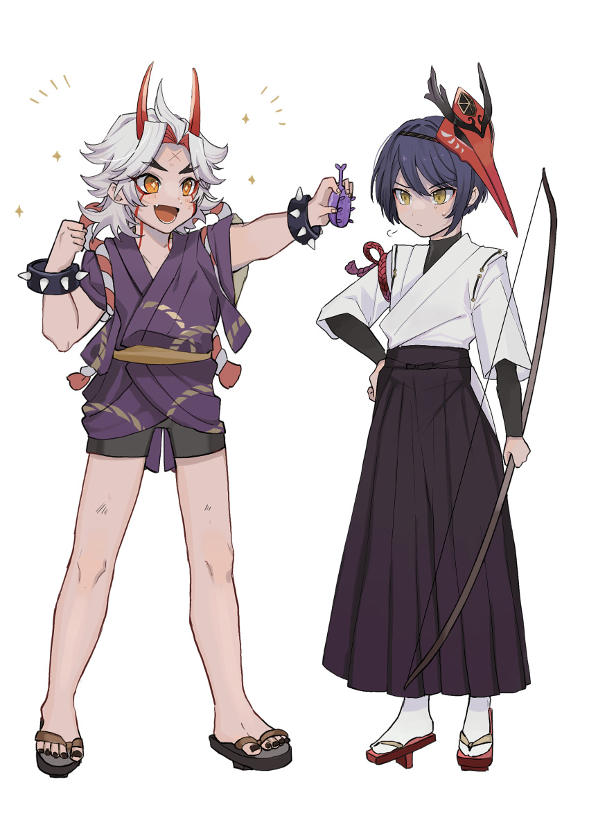 +_+ 1boy 1girl 2boys =3 absurdres arataki_itto bangs beetle black_hakama black_nails bow_(weapon) bug clenched_hand closed_mouth commentary_request full_body genshin_impact hakama hand_on_hip highres holding holding_bow_(weapon) holding_weapon horns japanese_clothes kujou_sara long_hair mask mask_on_head multicolored_hair multiple_boys nail_polish nakura_hakuto open_mouth orange_eyes purple_hair redhead scar scar_on_face scar_on_forehead short_hair shorts simple_background spikes standing sweat toenail_polish toenails weapon white_background white_hair yellow_eyes younger