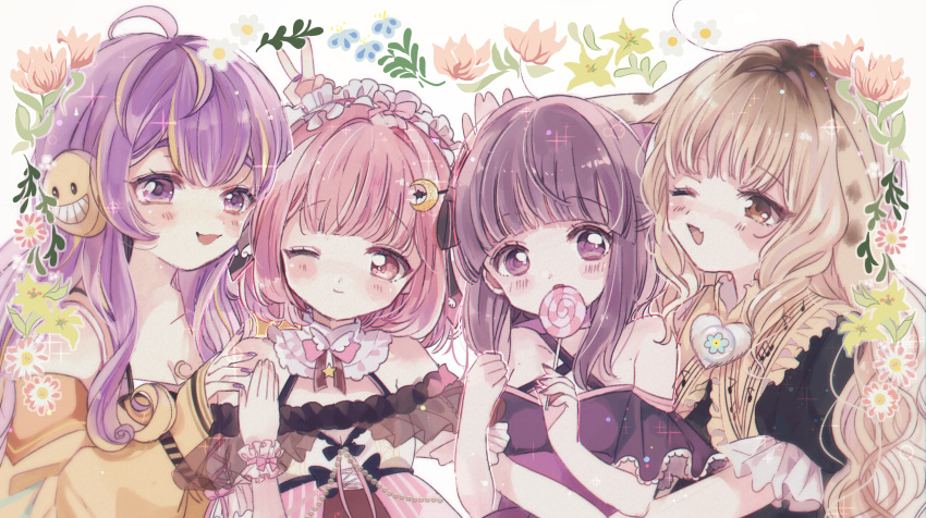 4girls ahoge animal_ears bangs black_dress blonde_hair blush bow brown_hair bubbly_bunnana choker cleavage_cutout clothing_cutout collar commission commissioner_upload criss-cross_halter dress eating eyebrows_visible_through_hair fallenshadow flat_chest flower flower_border frilled_sleeves frills goggles hair_bow hair_ribbon halter_dress halterneck hand_on_another's_head hand_on_another's_shoulder headband headphones high_collar highres hug indie_virtual_youtuber jumpsuit lemonleaf locked_arms long_hair multicolored_hair multiple_girls nail_polish one_eye_closed open_mouth pink_dress pink_eyes purple_hair rabbit_ears ribbon short_hair short_sleeves shoulders sidelocks skeb_commission smile sunflower-m two-tone_hair v violet_eyes virtual_youtuber vividly_vivi white_background yellow_eyes yellow_jumpsuit