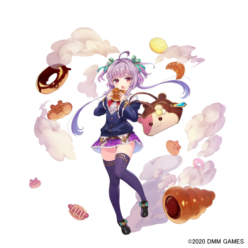 1girl 2020 bag black_footwear black_legwear bow bread chocolate_cornet commentary_request croissant dmm doughnut eating eyebrows_visible_through_hair food food_on_face footwear_bow full_body gemini_seed hair_ribbon highres long_sleeves looking_at_viewer melon_bread official_art open_mouth piyoyanagi purple_hair purple_skirt red_eyes ribbon short_hair_with_long_locks shoulder_bag simple_background skirt solo tachi-e thigh-highs white_background zettai_ryouiki