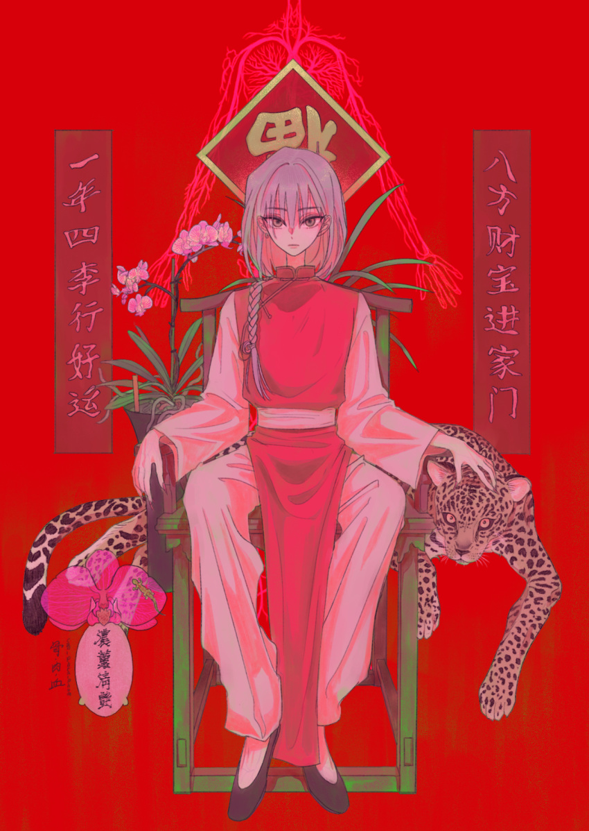 1boy braid chair chinese_clothes earrings expressionless fingernails flats flower hara_kiri highres jewelry leopard looking_at_viewer male_focus medium_hair nail_polish nervous_system original pants plant red_background sharp_fingernails single_braid single_earring sitting straight-on tsurime