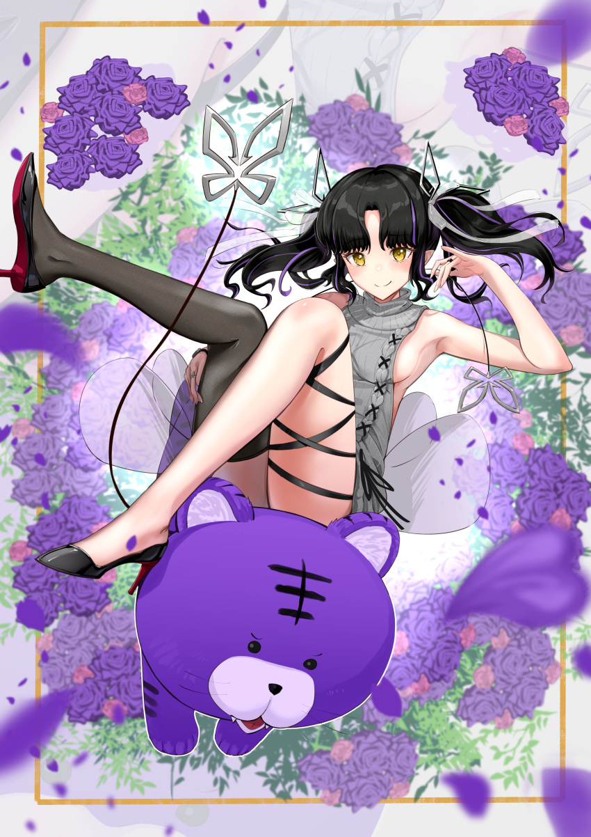 1girl absurdres armpits bangs black_footwear black_hair black_legwear black_ribbon blush breasts closed_mouth commentary_request demon_girl demon_horns demon_tail eyebrows_visible_through_hair flower full_body grey_sweater high_heels highres horns kojo_anna leg_ribbon long_hair looking_at_viewer medium_breasts meme_attire multicolored_hair official_alternate_costume parted_bangs petals pointy_ears purple_flower purple_hair ribbon rose sankyo_(821-scoville) sideboob single_thighhigh smile solo stuffed_animal stuffed_tiger stuffed_toy sugar_lyric sweater tail thigh-highs two-tone_hair two_side_up virgin_killer_sweater virtual_youtuber yellow_eyes