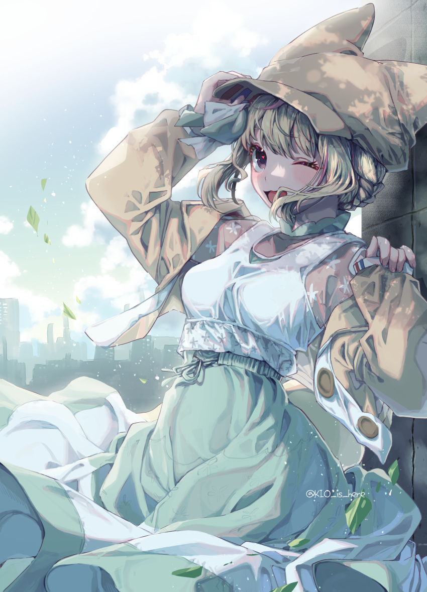 1girl ;d animal_ears arm_up blonde_hair blue_skirt breasts brown_headwear brown_jacket fake_animal_ears hand_on_headwear hand_up hat heart heart-shaped_pupils high-waist_skirt highres hololive jacket kio_is_here long_skirt long_sleeves looking_at_viewer medium_breasts multicolored_hair omaru_polka one_eye_closed open_clothes open_jacket pink_hair see-through shirt skirt sleeves_past_wrists smile solo streaked_hair symbol-shaped_pupils twitter_username virtual_youtuber white_shirt wind