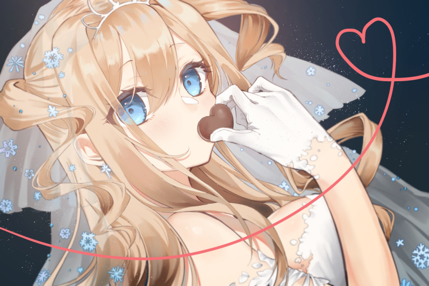 1girl bangs blonde_hair blue_eyes blush breasts chocolate covered_mouth dress eyebrows_visible_through_hair food girls_frontline gloves hair_between_eyes hair_ornament happy_valentine holding holding_chocolate holding_food long_hair looking_at_viewer medium_breasts official_alternate_costume rabb_horn red_ribbon ribbon sideboob snowflake_hair_ornament solo starry_background suomi_(blissful_mission)_(girls'_frontline) suomi_(girls'_frontline) upper_body valentine white_dress white_gloves