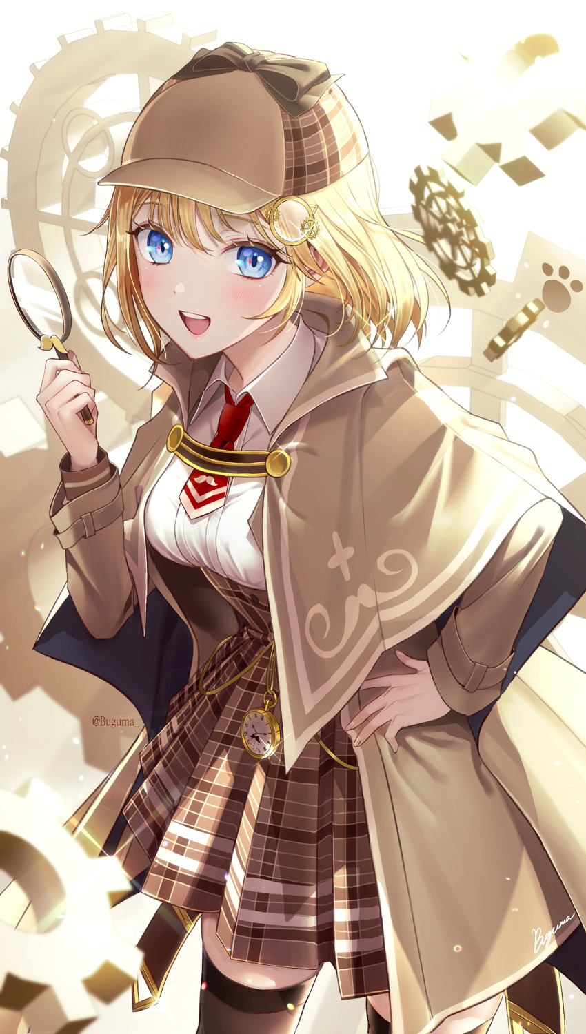 1girl :d bangs blonde_hair blue_eyes breasts brown_coat brown_headwear brown_skirt buguma coat collared_shirt cowboy_shot eyebrows_visible_through_hair hair_ornament hand_on_hip high-waist_skirt highres holding holding_magnifying_glass hololive hololive_english large_breasts looking_at_viewer magnifying_glass necktie red_necktie shirt short_hair skirt smile solo thigh-highs trench_coat twitter_username virtual_youtuber watch watson_amelia white_shirt