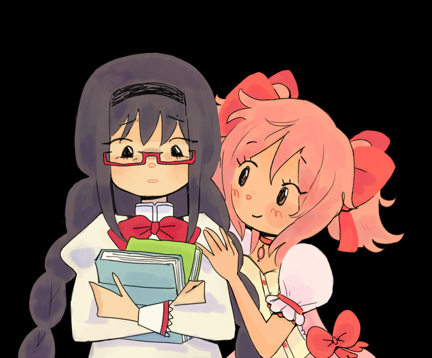 2girls akemi_homura bangs black_background black_eyes black_hair black_hairband blouse blush_stickers book book_hug bow bowtie braid choker closed_mouth crossed_arms d: dress_bow eyebrows_visible_through_hair eyes_visible_through_hair frilled_sleeves frills from_side furrowed_brow glasses hair_between_eyes hair_bow hairband hand_on_another's_shoulder hand_up high_collar highres holding holding_book jimiko juliet_sleeves kaname_madoka long_hair long_sleeves looking_at_another looking_at_viewer looking_to_the_side low_twin_braids low_twintails mahou_shoujo_madoka_magica mandarin_collar mitakihara_school_uniform multiple_girls narrowed_eyes object_hug parted_lips pendant_choker pink_bow pink_choker pink_hair puffy_short_sleeves puffy_sleeves red-framed_eyewear red_bow red_bowtie rosarrie school_uniform semi-rimless_eyewear short_hair short_sleeves short_twintails side-by-side simple_background sleeve_cuffs smile straight-on twin_braids twintails under-rim_eyewear upper_body very_long_hair white_blouse