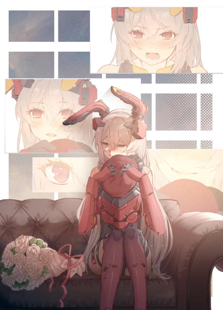 1girl animal_ears bangs black_footwear blush boots bouquet charolic_(girls'_frontline_2) closed_mouth commission couch eyebrows_visible_through_hair fake_animal_ears flashing girls'_frontline_2:_exilium girls_frontline highres holding holding_pillow holographic_interface knee_boots long_hair looking_at_viewer looking_away mechanical_arms open_mouth pillow rabb_horn red_eyes screen silver_hair sitting skeb_commission solo