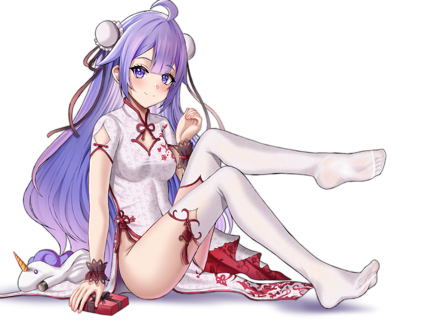 1girl absurdres azur_lane bangs breasts bukowiski closed_mouth covered_navel eyebrows_visible_through_hair full_body hair_ribbon hand_on_floor highres japanese_clothes kimono leg_up long_hair looking_at_viewer nail_polish no_shoes on_floor purple_hair ribbon sitting small_breasts smile soles solo thigh-highs unicorn_(azur_lane) unicorn_(the_gift_of_spring)_(azur_lane) violet_eyes white_background white_kimono white_legwear