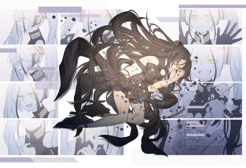 1girl bangs black_dress black_footwear black_gloves black_hair crying destroyer_(girls'_frontline) dreamer_(girls'_frontline) dress eyebrows_visible_through_hair girls_frontline gloves hair_ornament hairclip highres long_hair looking_at_viewer looking_down lying nail_polish open_mouth rabb_horn sangvis_ferri silver_hair smile solo torn_clothes twintails yellow_eyes