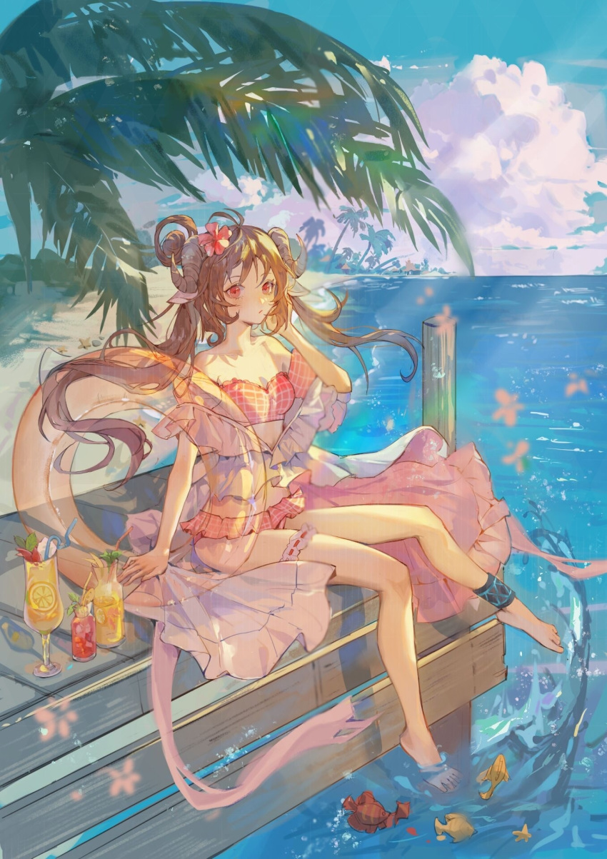 1girl animal_ears anklet arknights bare_shoulders barefoot beach bikini blue_sky blush breasts brown_hair chinese_commentary closed_mouth clouds cloudy_sky crazy_straw cup dress drink drinking_straw expressionless eyjafjalla_(arknights) eyjafjalla_(summer_flowers)_(arknights) fish floating_hair flower frilled_bikini frills full_body hair_bun hair_flower hair_ornament hair_rings hand_in_hair highres horns infection_monitor_(arknights) innertube jewelry light_rays long_hair looking_at_viewer medium_breasts ocean official_alternate_costume palm_tree pier pink_bikini pink_dress pink_eyes plaid plaid_bikini sheep_ears sheep_horns side_bun sitting sky soaking_feet solo suqing swimsuit thigh_strap tree twintails