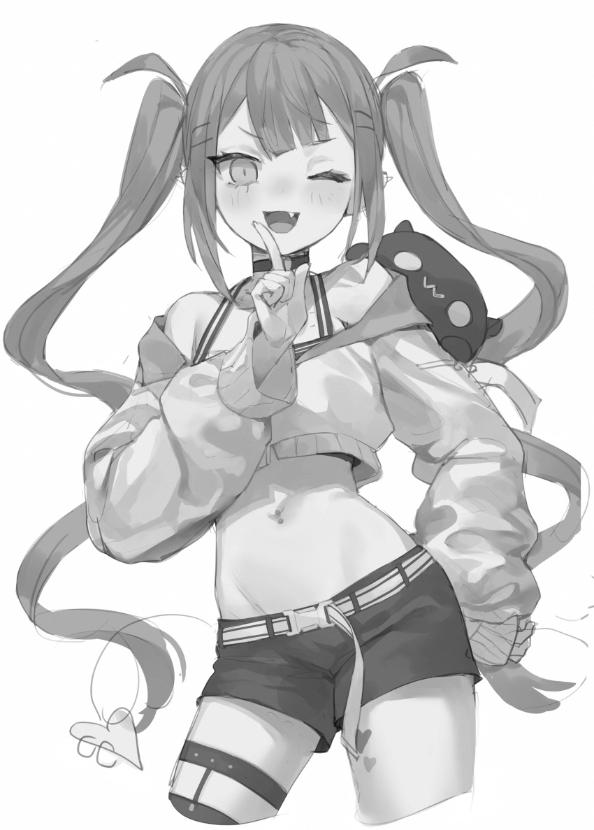 1girl ;) absurdres bangs bibi_(tokoyami_towa) black_choker black_shorts blush choker cowboy_shot cropped_jacket demon_tail eyebrows_visible_through_hair greyscale hair_ornament hairclip hand_up highres hololive index_finger_raised jacket long_hair long_sleeves looking_at_viewer midriff monochrome mr.lime nail_polish navel_piercing one_eye_closed piercing short_shorts shorts sidelocks simple_background sketch smile solo standing tail tail_ornament tail_piercing thigh_strap tokoyami_towa twintails unfinished very_long_hair virtual_youtuber white_background